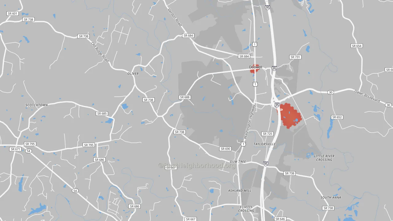 Walk Grade map of 23047, VA, walkable areas in green and car-dependent areas in red
