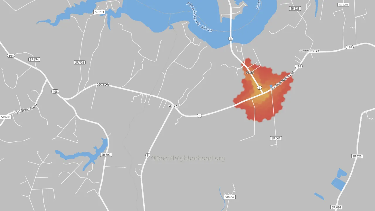 Walk Grade map of 23050, VA, walkable areas in green and car-dependent areas in red