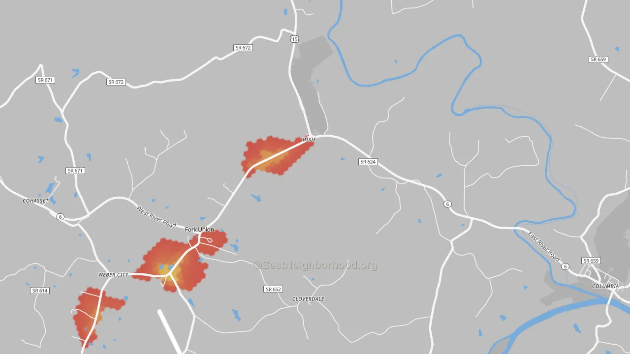 Walk Grade map of 23055, VA, walkable areas in green and car-dependent areas in red