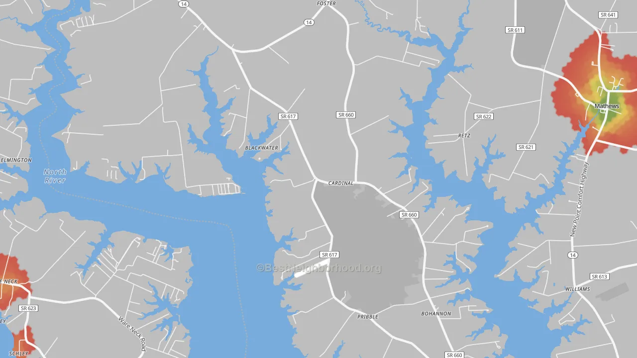 Walk Grade map of 23056, VA, walkable areas in green and car-dependent areas in red
