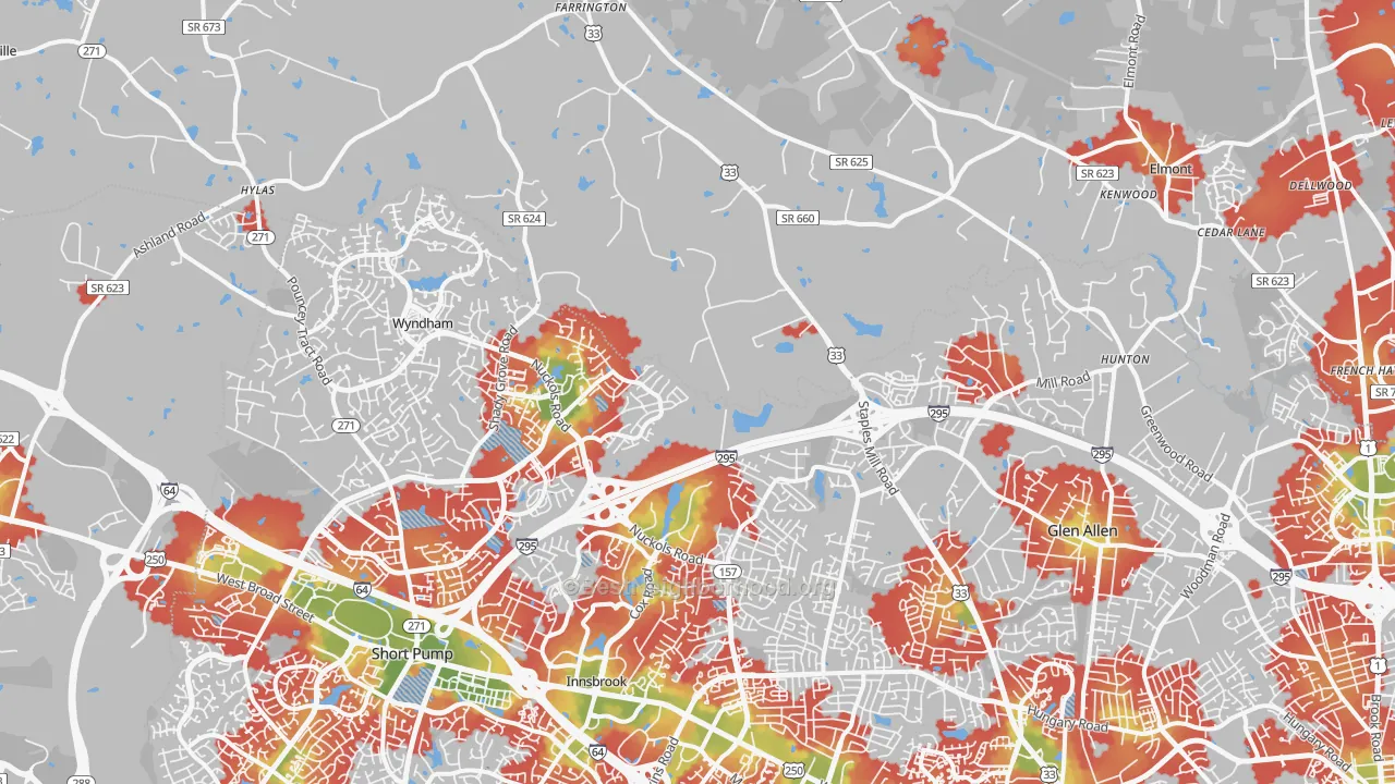 Walk Grade map of 23059, VA, walkable areas in green and car-dependent areas in red
