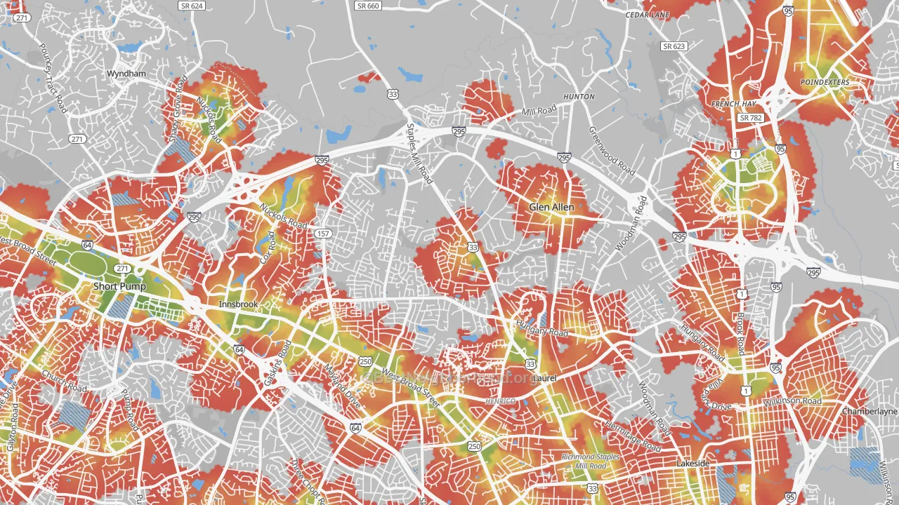 Walk Grade map of 23060, VA, walkable areas in green and car-dependent areas in red