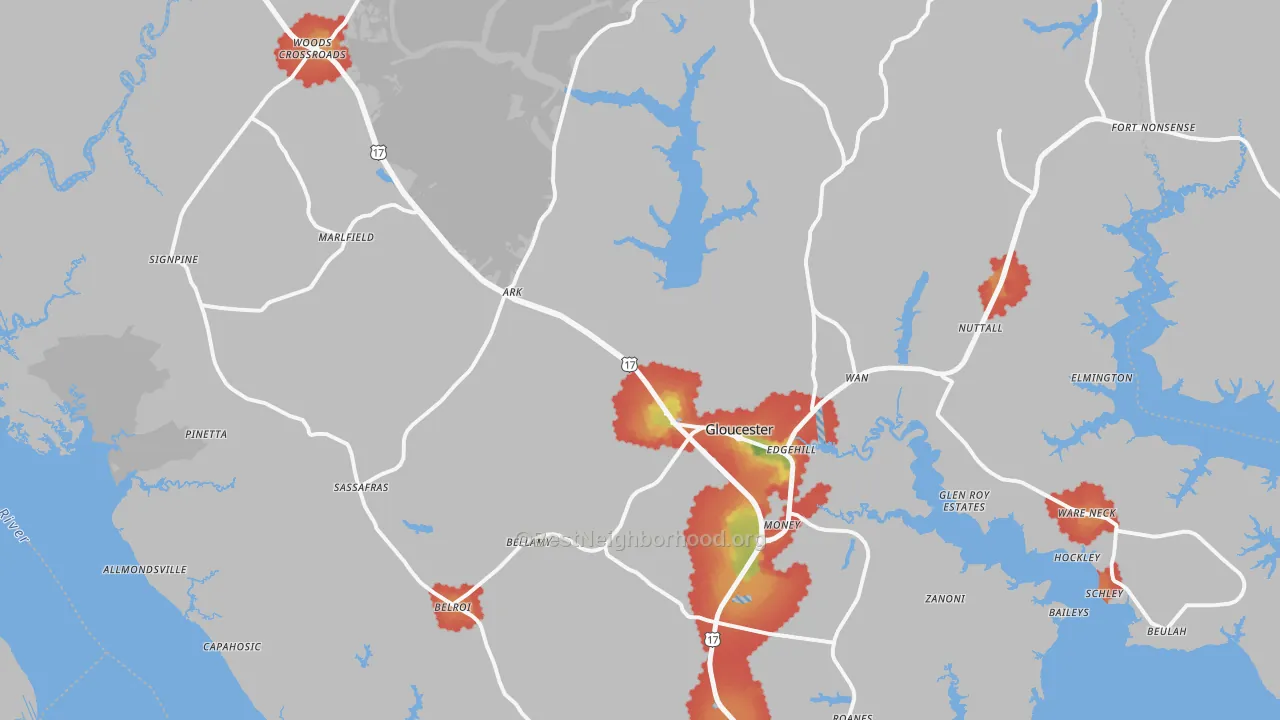Walk Grade map of 23061, VA, walkable areas in green and car-dependent areas in red
