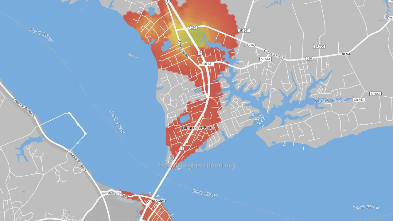 Walk Grade map of 23062, VA, walkable areas in green and car-dependent areas in red
