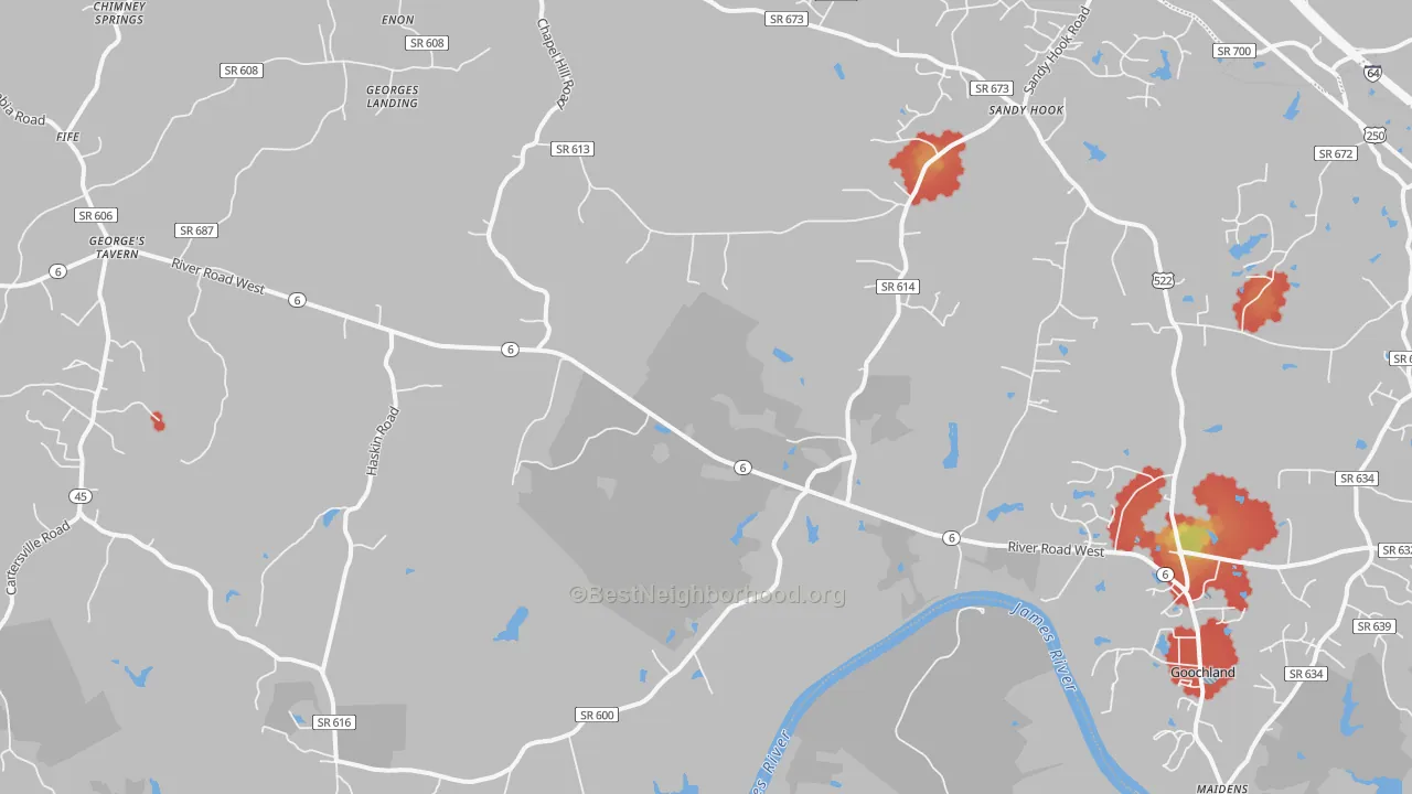 Walk Grade map of 23063, VA, walkable areas in green and car-dependent areas in red