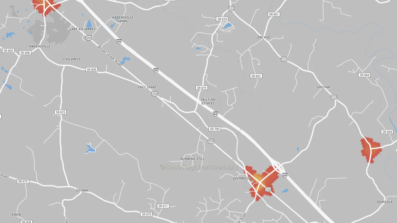 Walk Grade map of 23065, VA, walkable areas in green and car-dependent areas in red