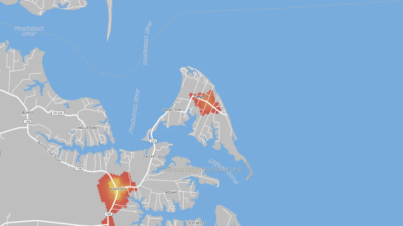 Walk Grade map of 23066, VA, walkable areas in green and car-dependent areas in red