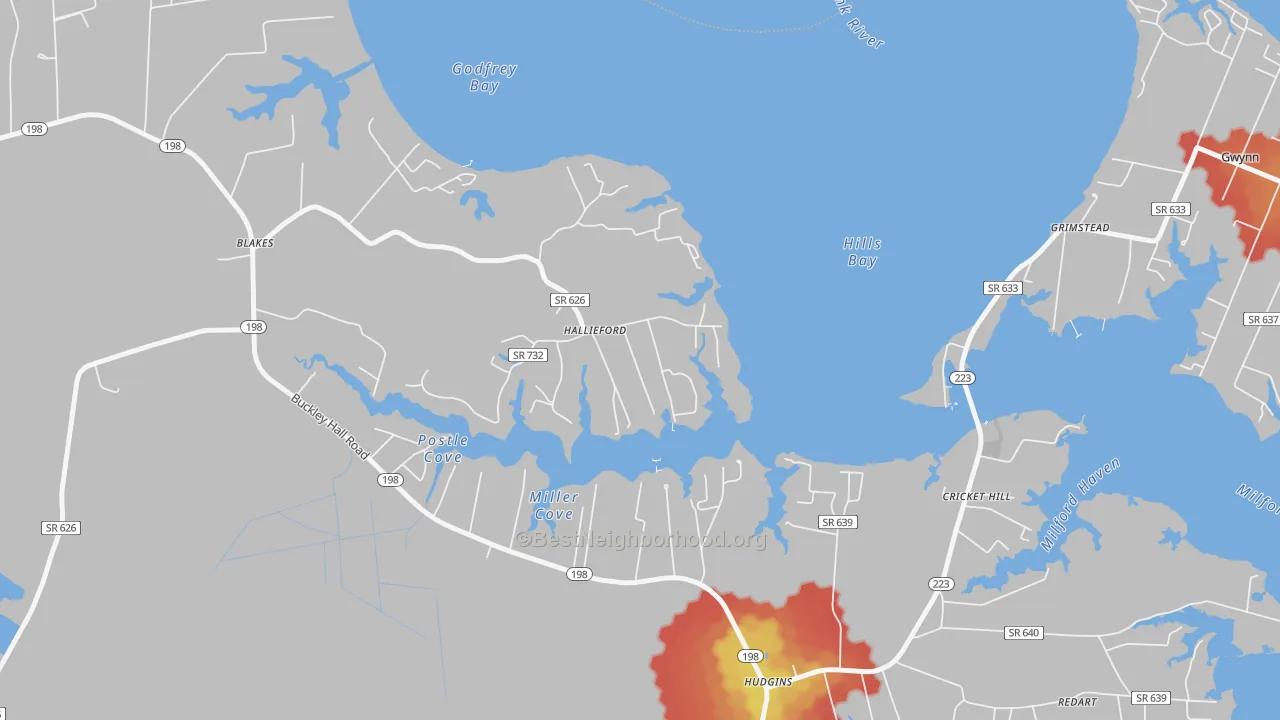 Walk Grade map of 23068, VA, walkable areas in green and car-dependent areas in red