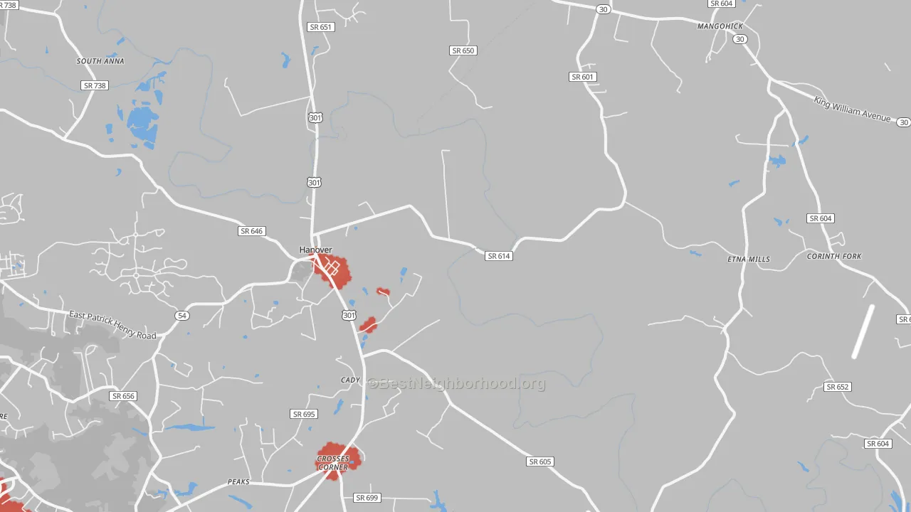 Walk Grade map of 23069, VA, walkable areas in green and car-dependent areas in red