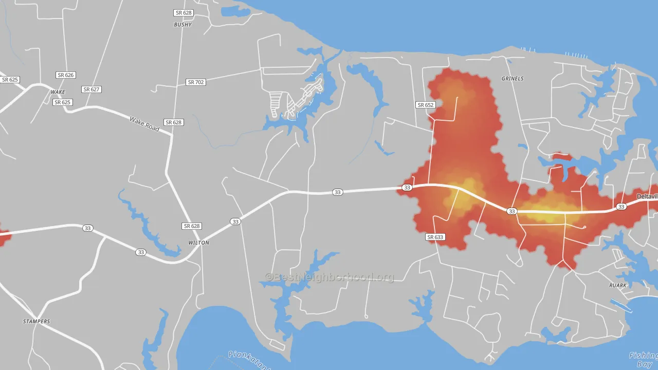 Walk Grade map of 23070, VA, walkable areas in green and car-dependent areas in red