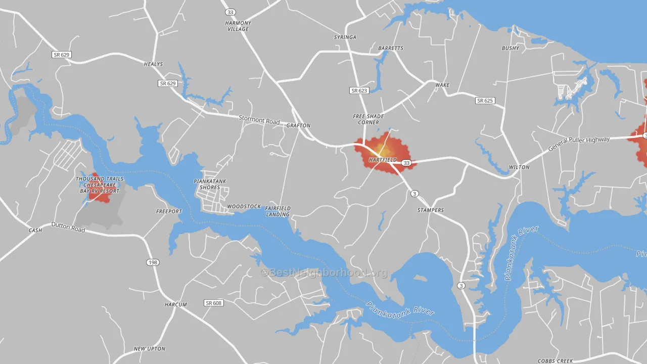 Walk Grade map of 23071, VA, walkable areas in green and car-dependent areas in red