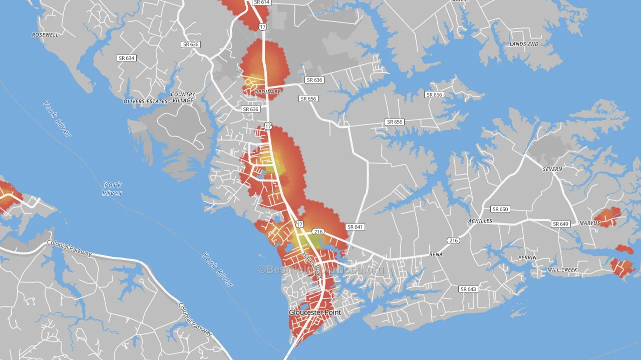 Walk Grade map of 23072, VA, walkable areas in green and car-dependent areas in red