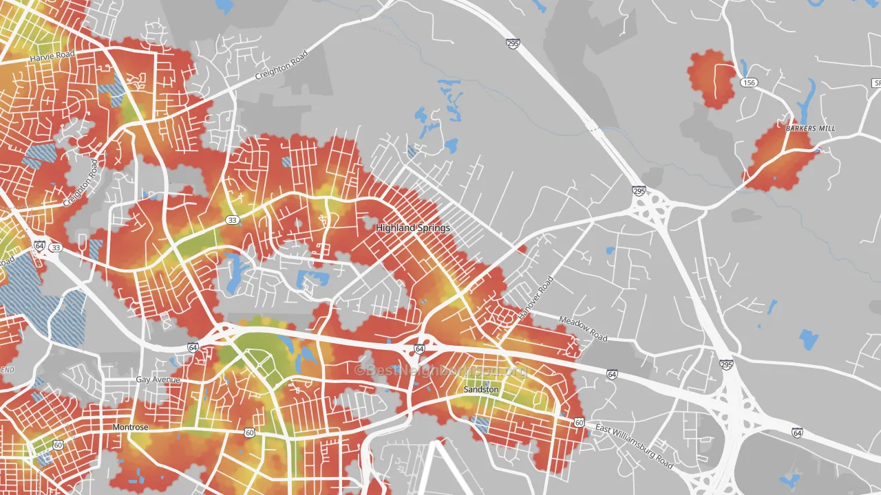 Walk Grade map of 23075, VA, walkable areas in green and car-dependent areas in red