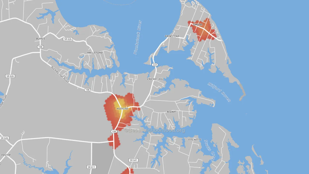 Walk Grade map of 23076, VA, walkable areas in green and car-dependent areas in red