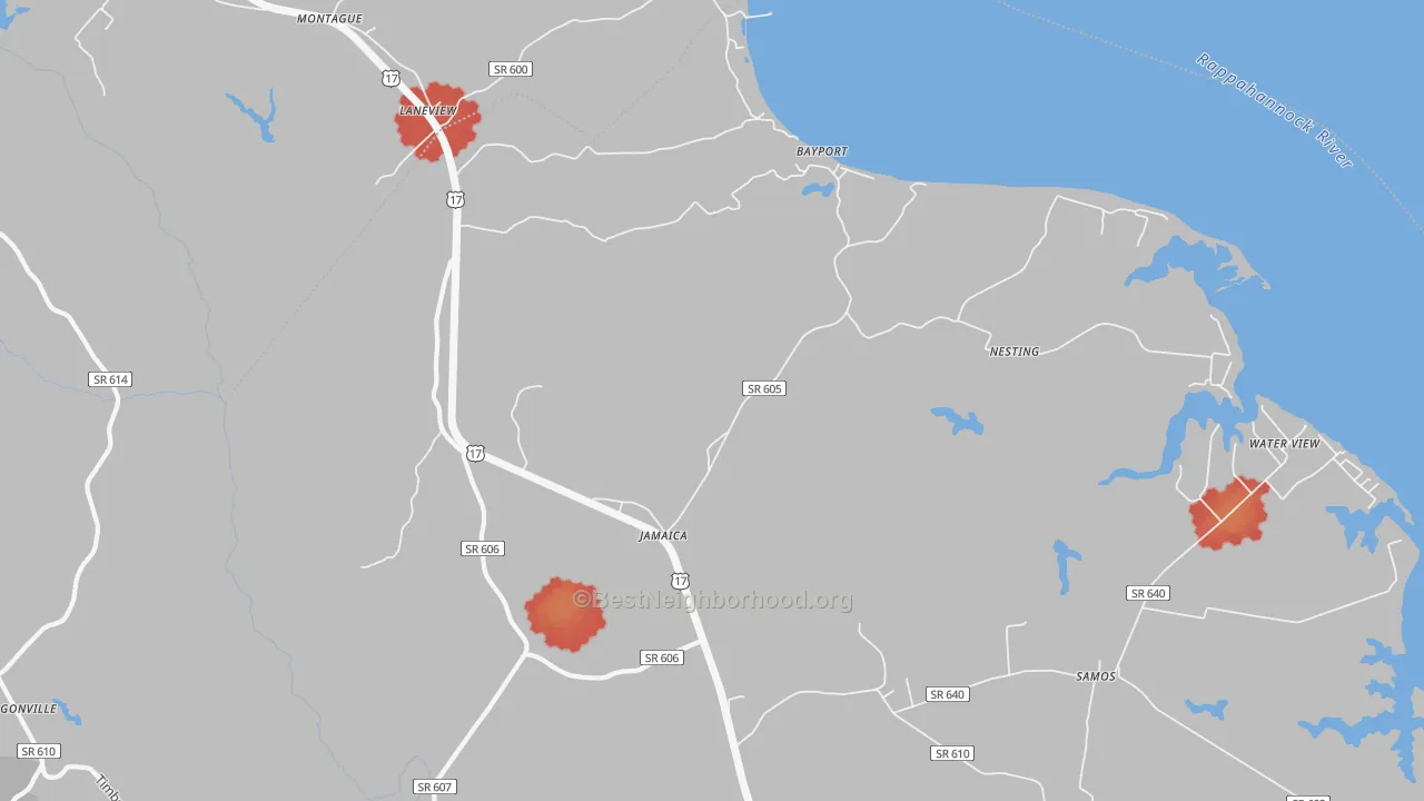 Walk Grade map of 23079, VA, walkable areas in green and car-dependent areas in red