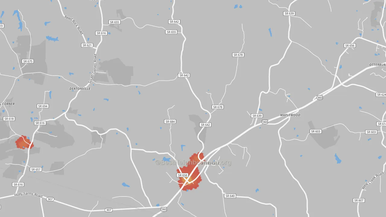 Walk Grade map of 23083, VA, walkable areas in green and car-dependent areas in red