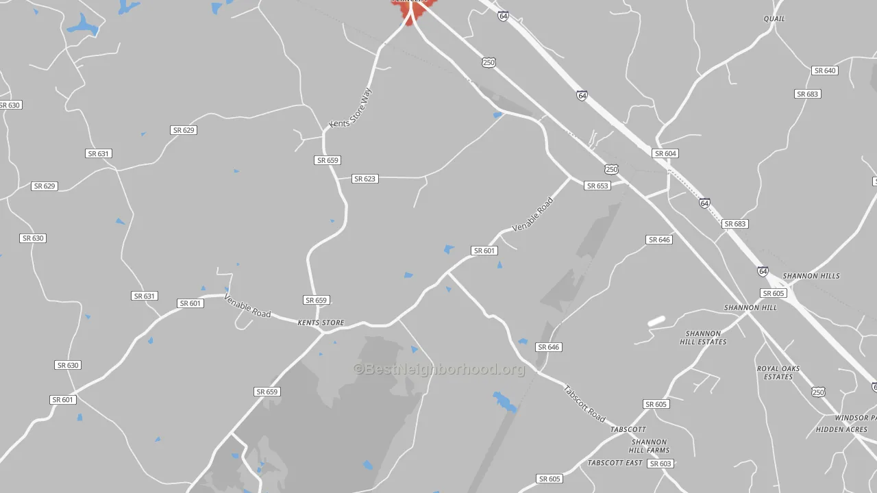Walk Grade map of 23084, VA, walkable areas in green and car-dependent areas in red