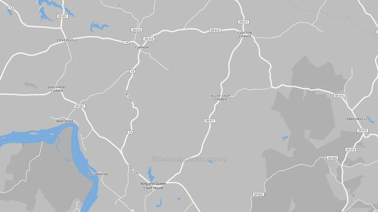 Walk Grade map of 23085, VA, walkable areas in green and car-dependent areas in red
