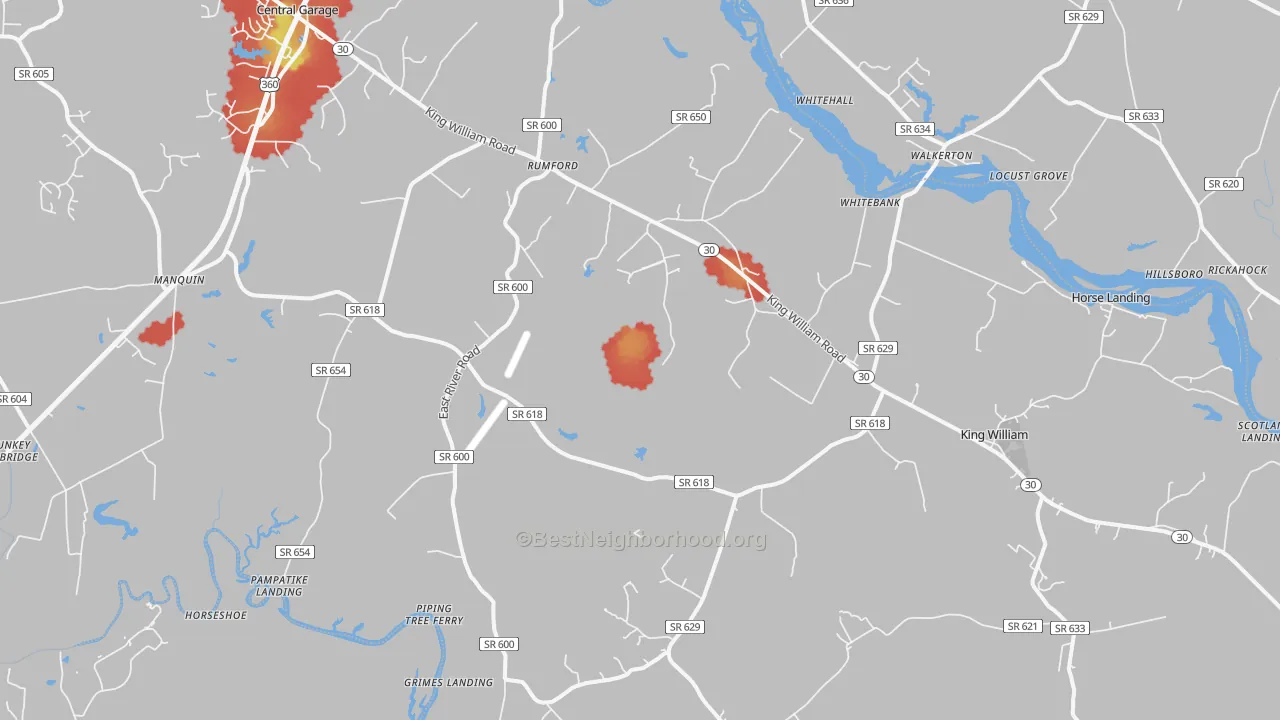 Walk Grade map of 23086, VA, walkable areas in green and car-dependent areas in red