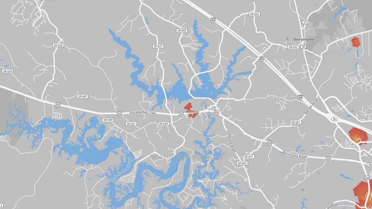 Walk Grade map of 23089, VA, walkable areas in green and car-dependent areas in red