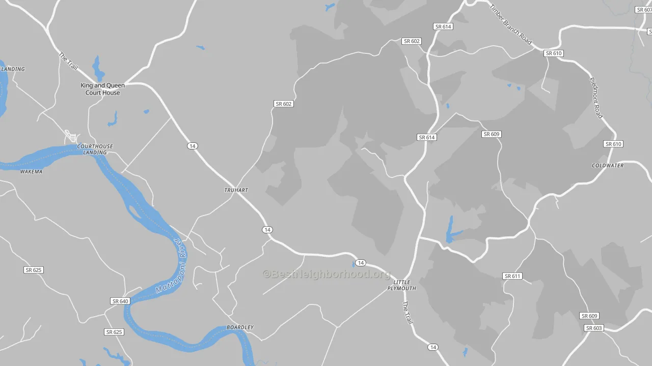 Walk Grade map of 23091, VA, walkable areas in green and car-dependent areas in red
