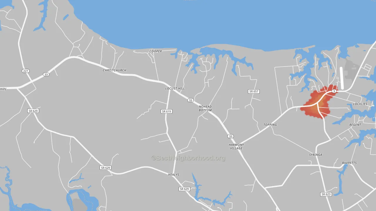 Walk Grade map of 23092, VA, walkable areas in green and car-dependent areas in red