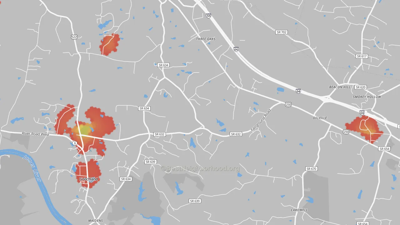 Walk Grade map of 23102, VA, walkable areas in green and car-dependent areas in red