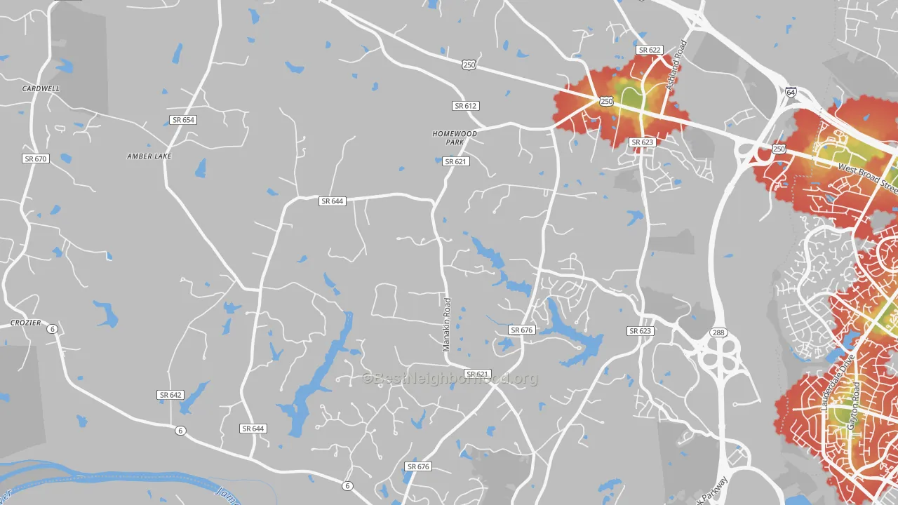 Walk Grade map of 23103, VA, walkable areas in green and car-dependent areas in red