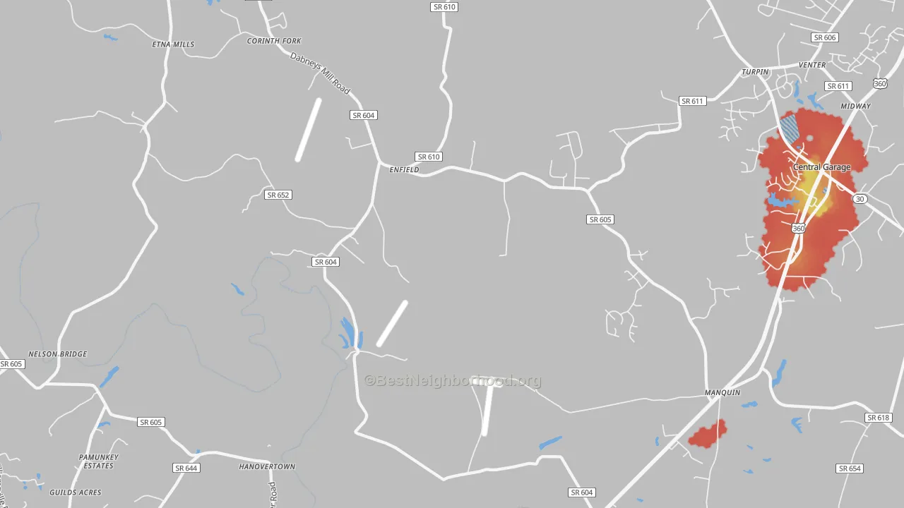 Walk Grade map of 23106, VA, walkable areas in green and car-dependent areas in red