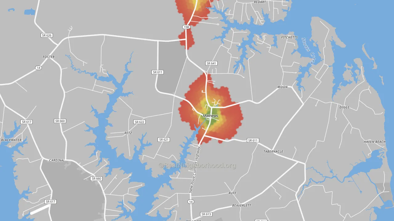 Walk Grade map of 23109, VA, walkable areas in green and car-dependent areas in red