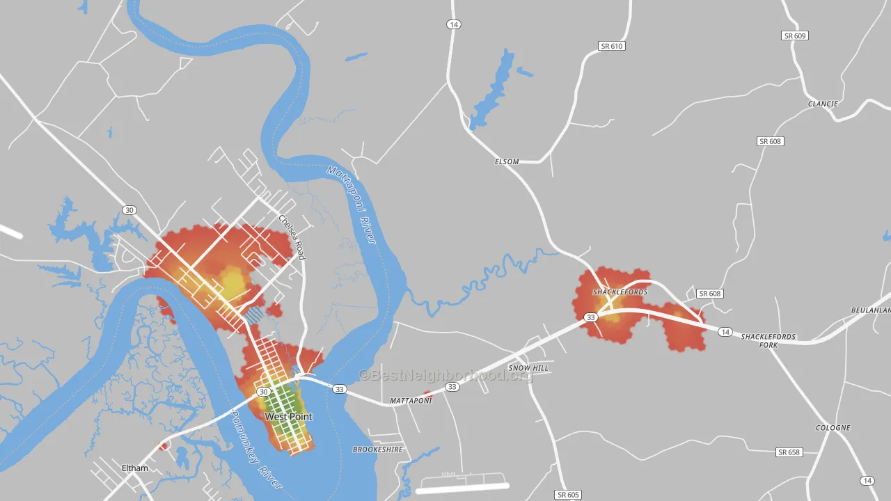Walk Grade map of 23110, VA, walkable areas in green and car-dependent areas in red