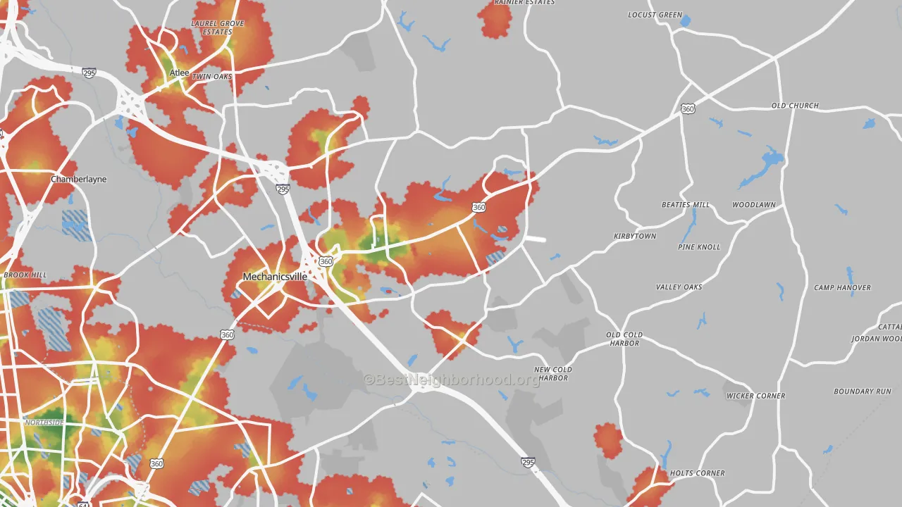 Walk Grade map of 23111, VA, walkable areas in green and car-dependent areas in red