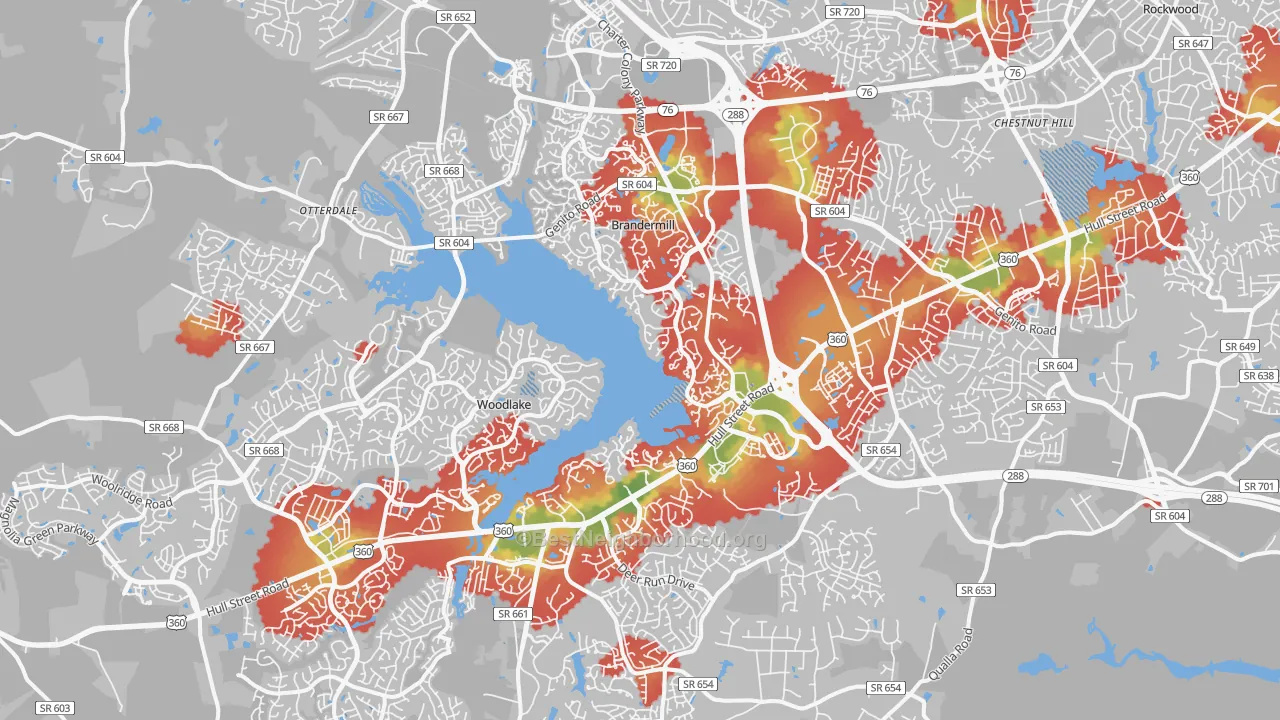 Walk Grade map of 23112, VA, walkable areas in green and car-dependent areas in red