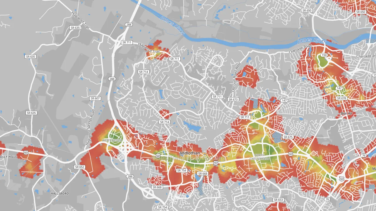 Walk Grade map of 23113, VA, walkable areas in green and car-dependent areas in red