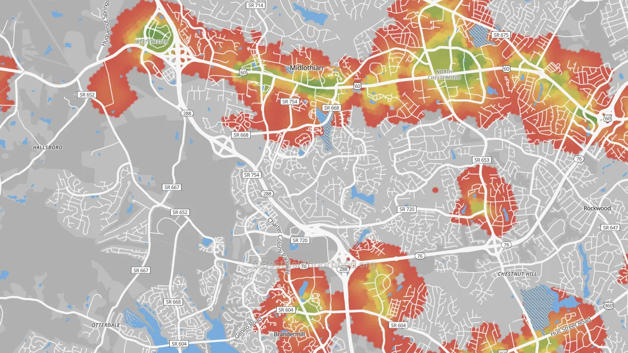 Walk Grade map of 23114, VA, walkable areas in green and car-dependent areas in red