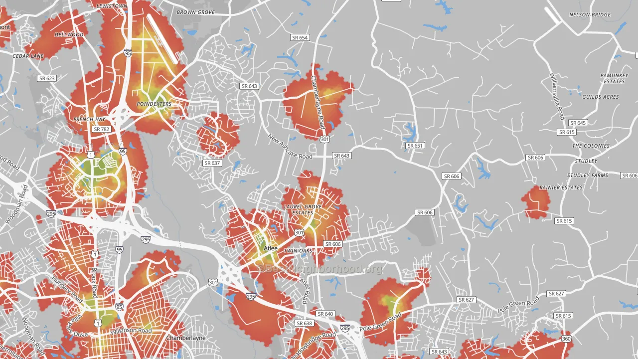 Walk Grade map of 23116, VA, walkable areas in green and car-dependent areas in red