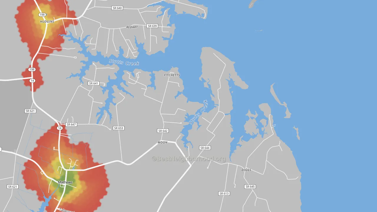 Walk Grade map of 23119, VA, walkable areas in green and car-dependent areas in red