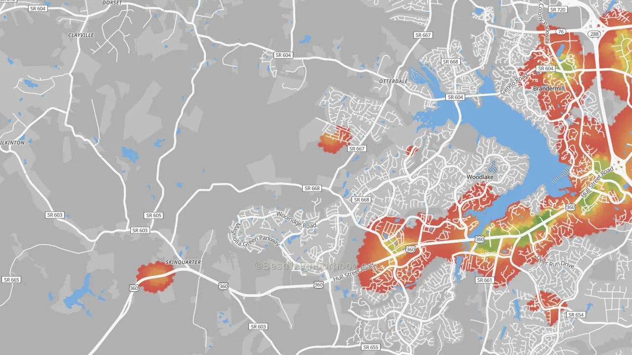 Walk Grade map of 23120, VA, walkable areas in green and car-dependent areas in red