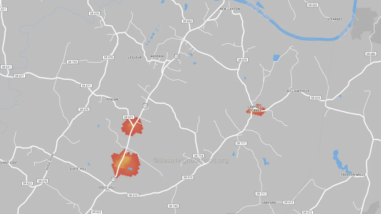 Walk Grade map of 23123, VA, walkable areas in green and car-dependent areas in red