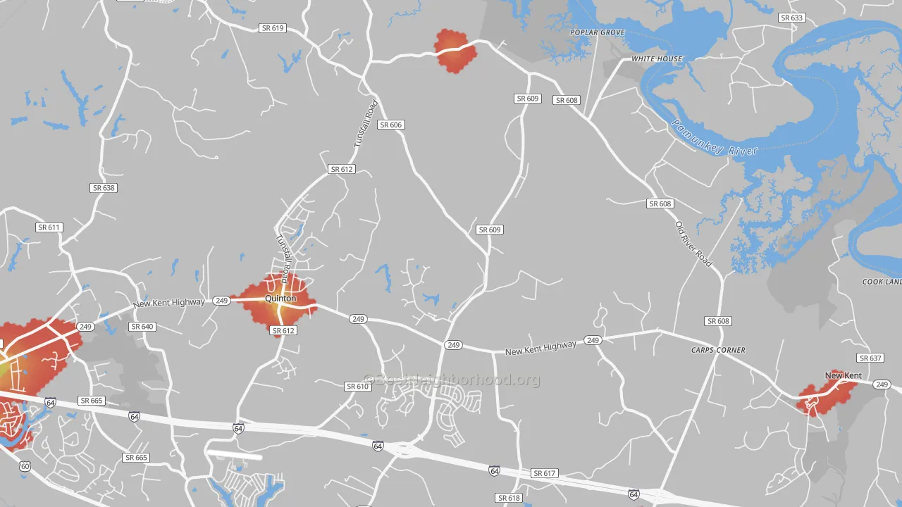 Walk Grade map of 23124, VA, walkable areas in green and car-dependent areas in red