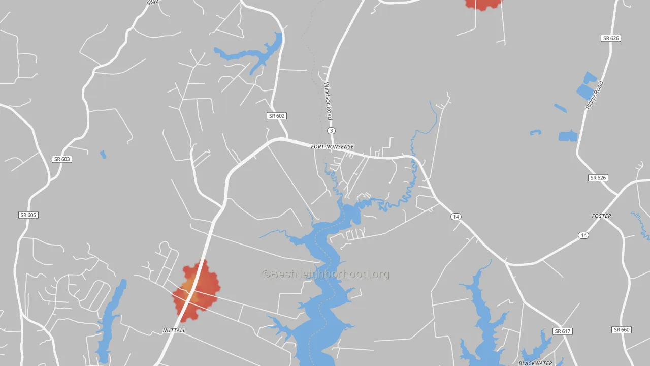 Walk Grade map of 23128, VA, walkable areas in green and car-dependent areas in red