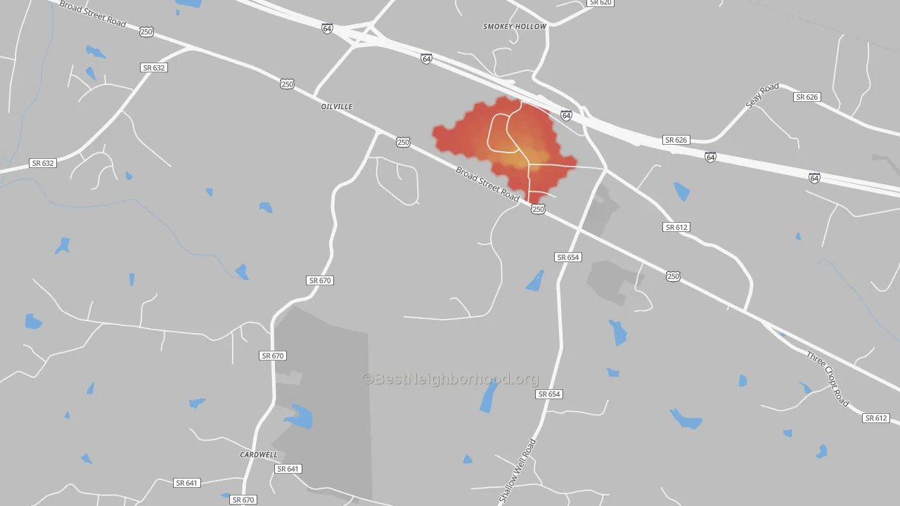 Walk Grade map of 23129, VA, walkable areas in green and car-dependent areas in red