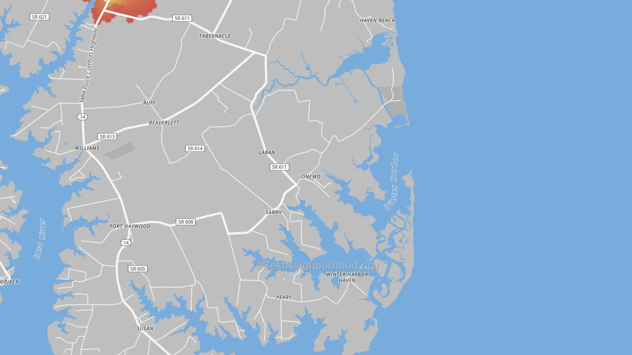 Walk Grade map of 23130, VA, walkable areas in green and car-dependent areas in red
