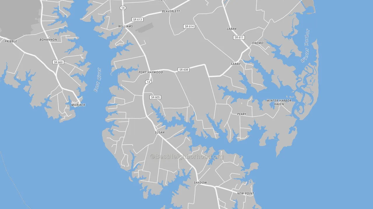 Walk Grade map of 23138, VA, walkable areas in green and car-dependent areas in red
