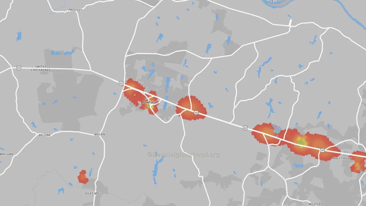 Walk Grade map of 23139, VA, walkable areas in green and car-dependent areas in red