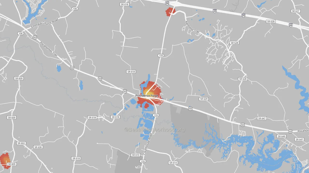 Walk Grade map of 23140, VA, walkable areas in green and car-dependent areas in red
