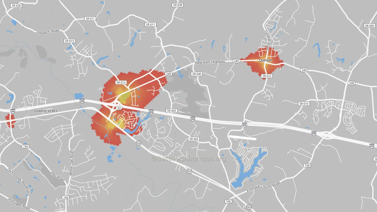 Walk Grade map of 23141, VA, walkable areas in green and car-dependent areas in red