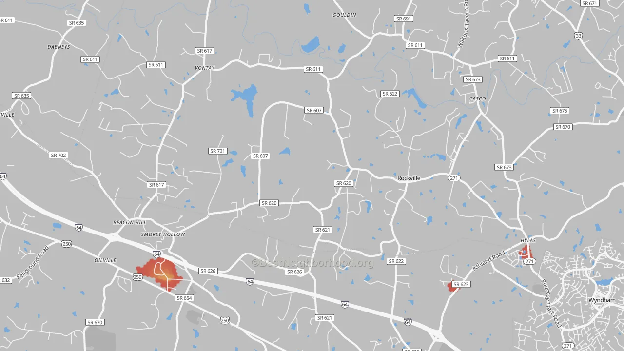 Walk Grade map of 23146, VA, walkable areas in green and car-dependent areas in red