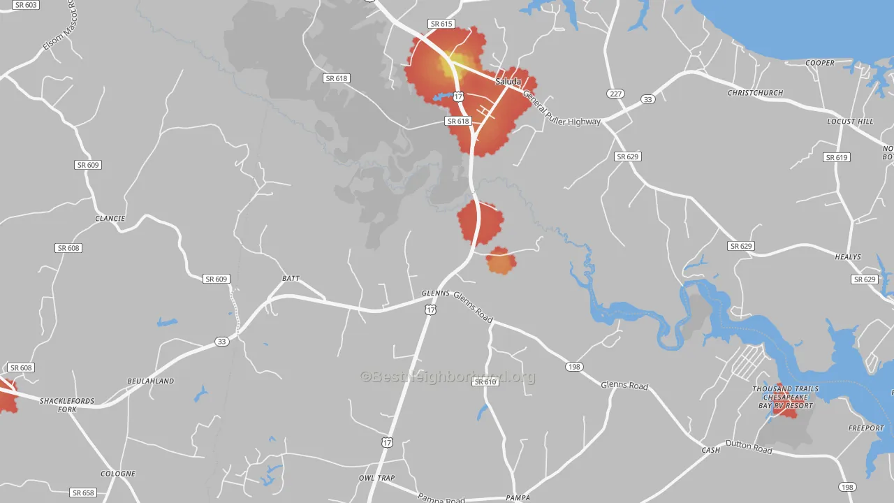 Walk Grade map of 23149, VA, walkable areas in green and car-dependent areas in red