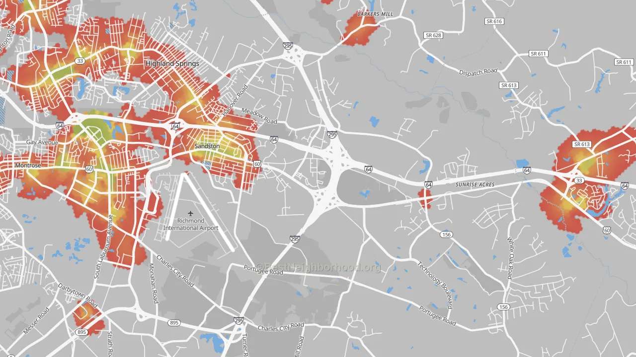 Walk Grade map of 23150, VA, walkable areas in green and car-dependent areas in red